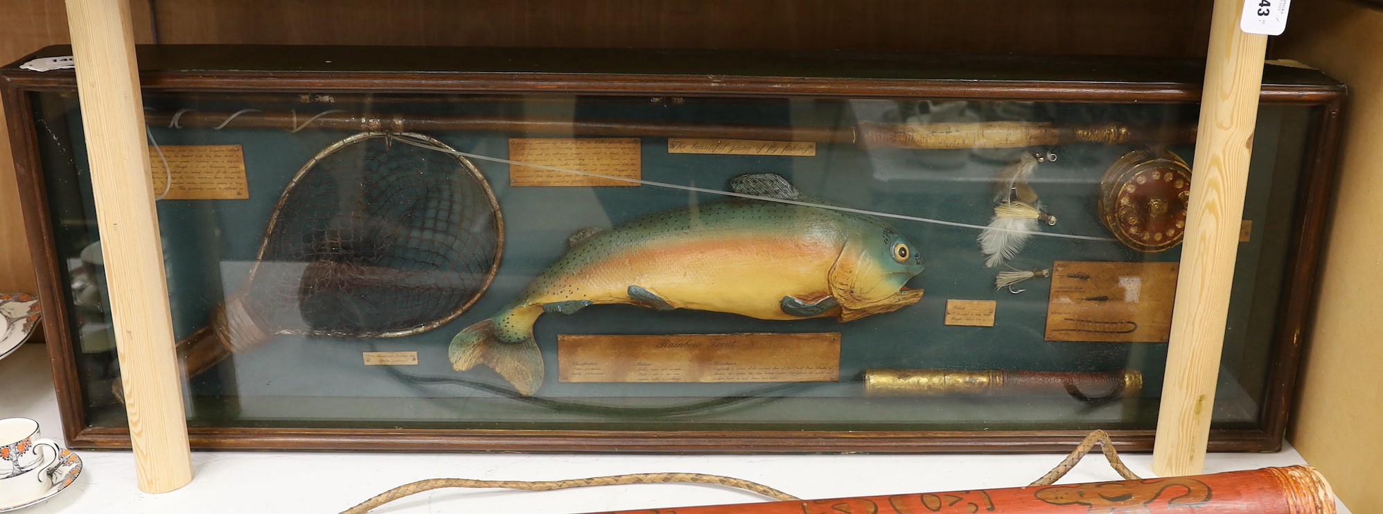 A cased fishing display case of a Rainbow Trout centred around angling ephemera, 106 x 34cm